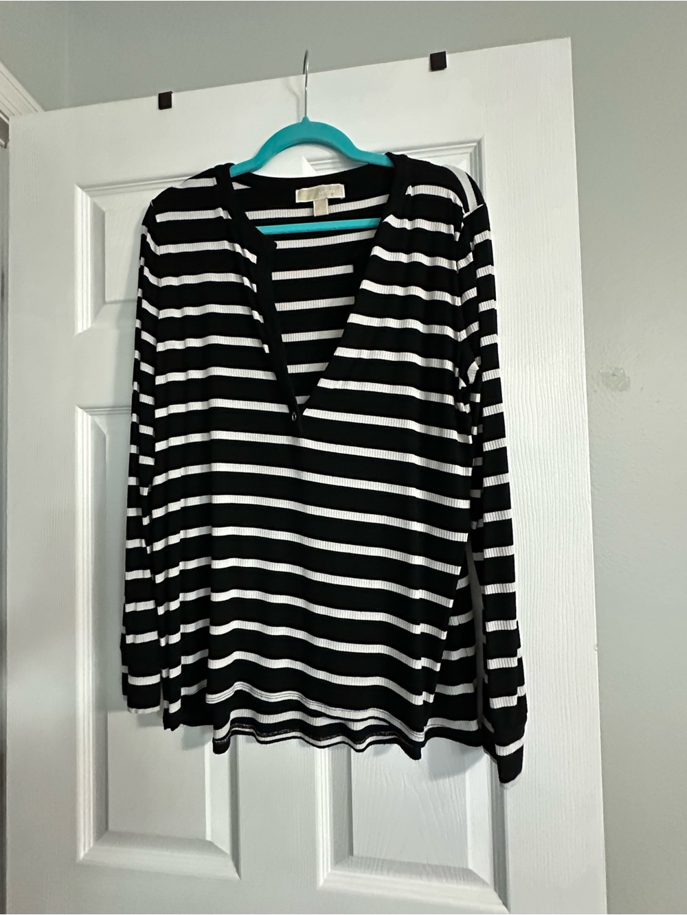 Michael Kors Black & White Striped V-Neck Long Sleeve Top